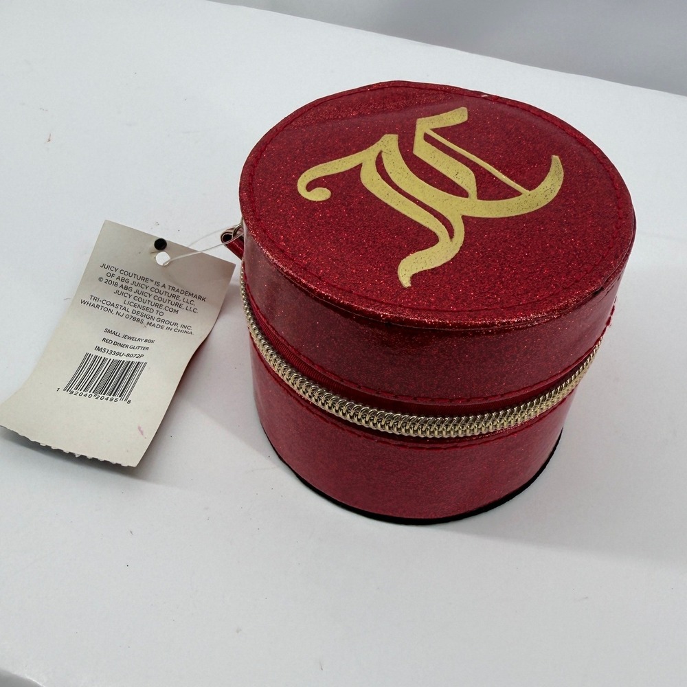 Juicy Couture Jewelry Box Womens Small Red Glitter Gold Monogram Tassel Zipper